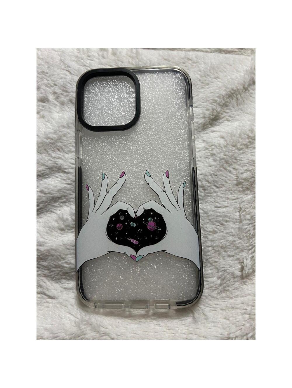 Clear Sparkle Galaxy Heart Hands Phone Case for iPhone 13 Pro Max Glitter
